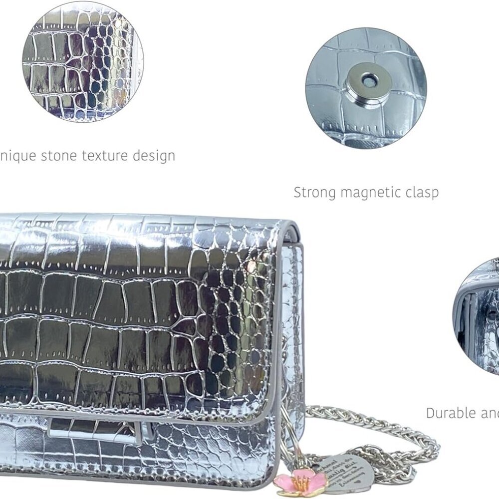 Elegant Silver Crocodile Pattern Mini Clutch - Pe… - image 2